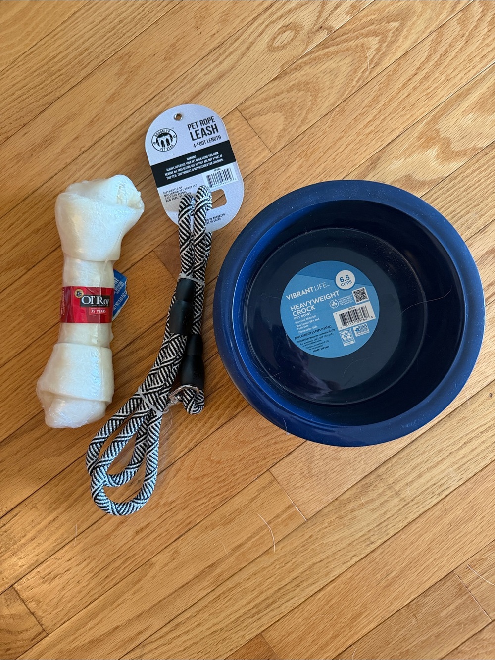 Dog Gift Set- Leash,  Navy Blue Heavyweight Dog Bowl, and. Rawhide Bone